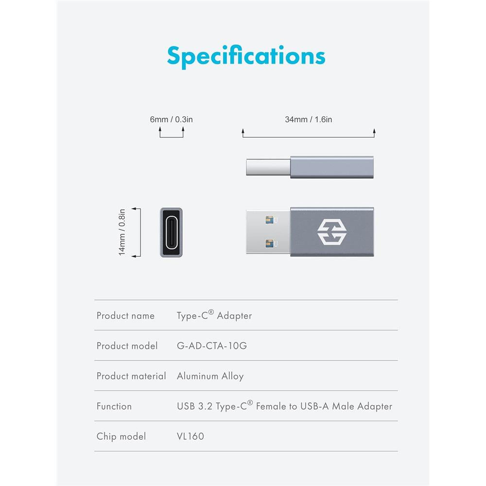 GRAUGEAR USB Type C auf Type A Adapter USB 3.2 Gen2 10 Gbit s