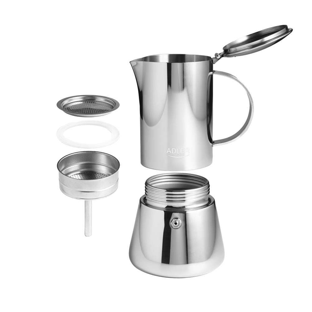 Adler AD 4419 Espresso Kaffeemaschine 350 ml aus Edelstahl silber, spülmaschinenfest