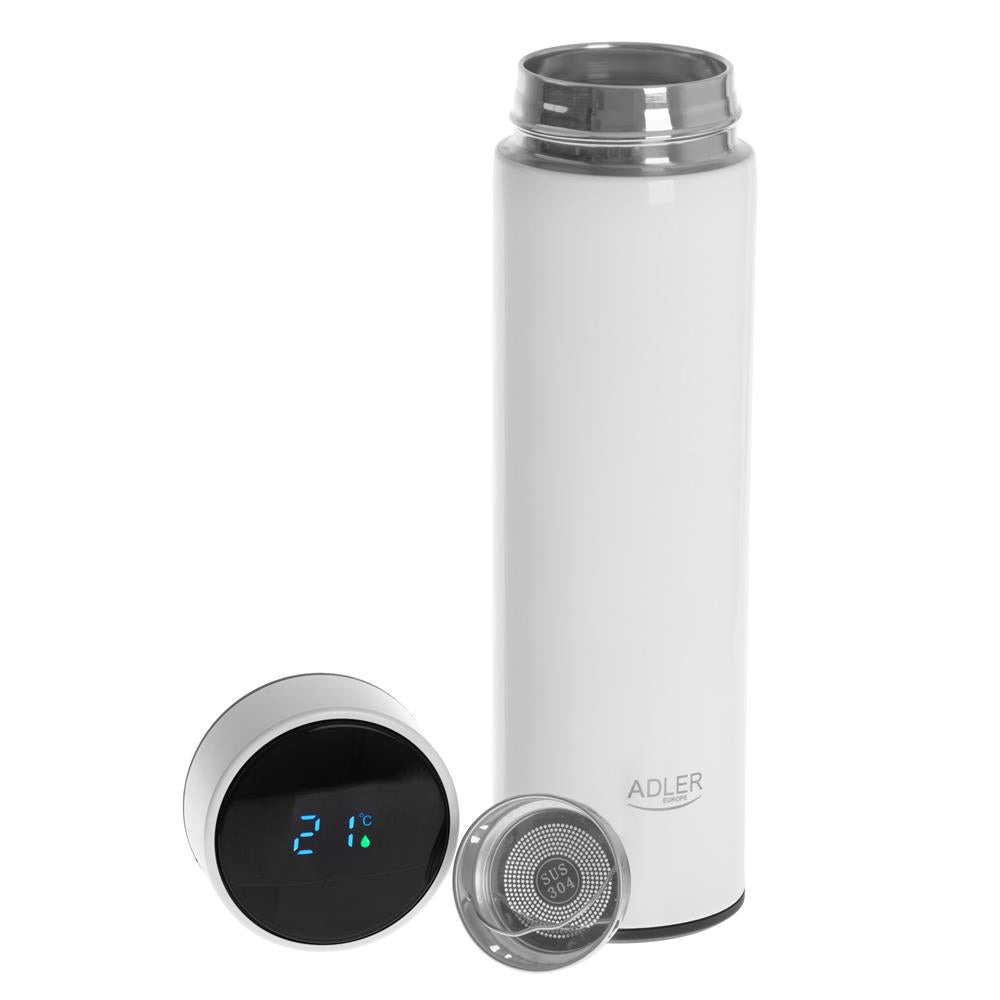 Adler Thermosflasche, 473ml, Weiß, Trinkflasche mit LED-Temperaturanzeige