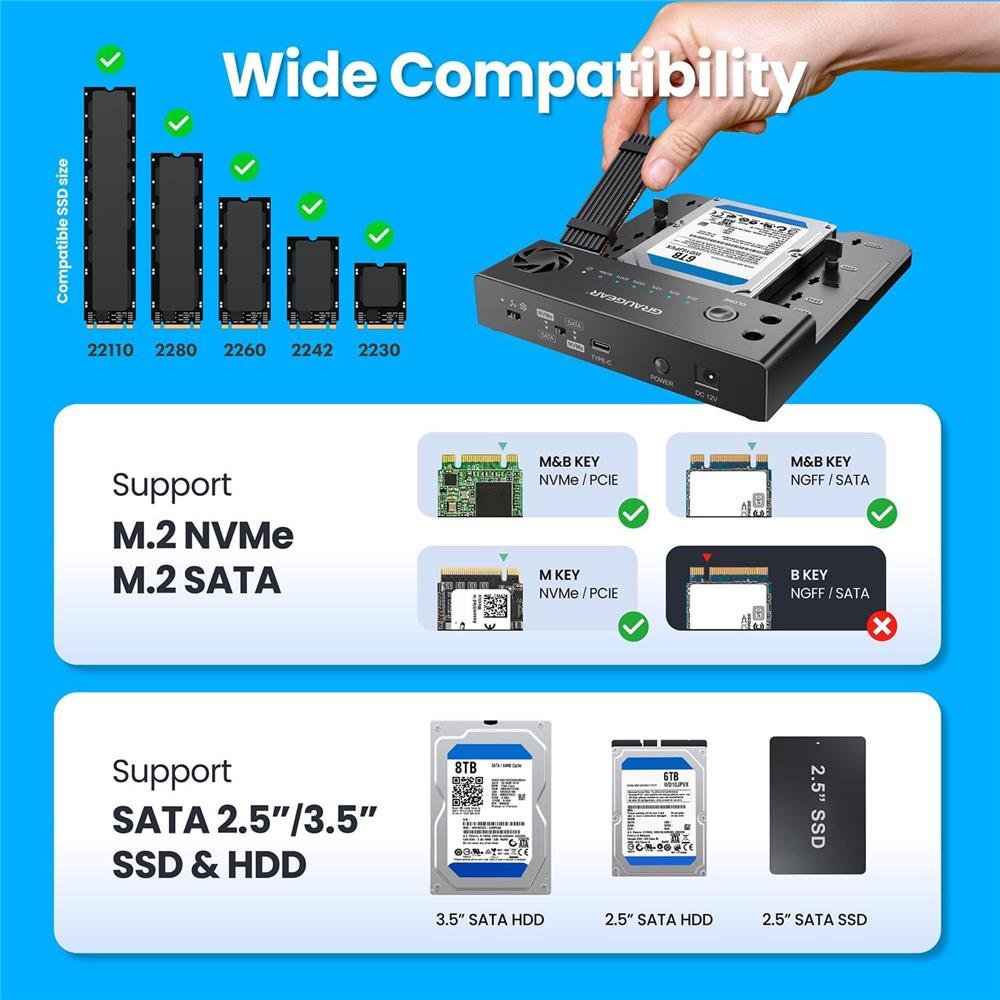 GRAUGEAR Bidirektionale Klonstation für M.2 SATA M2 NVMe SSDs und 2,5"/3,5" HDDs/SSDs Festplatten