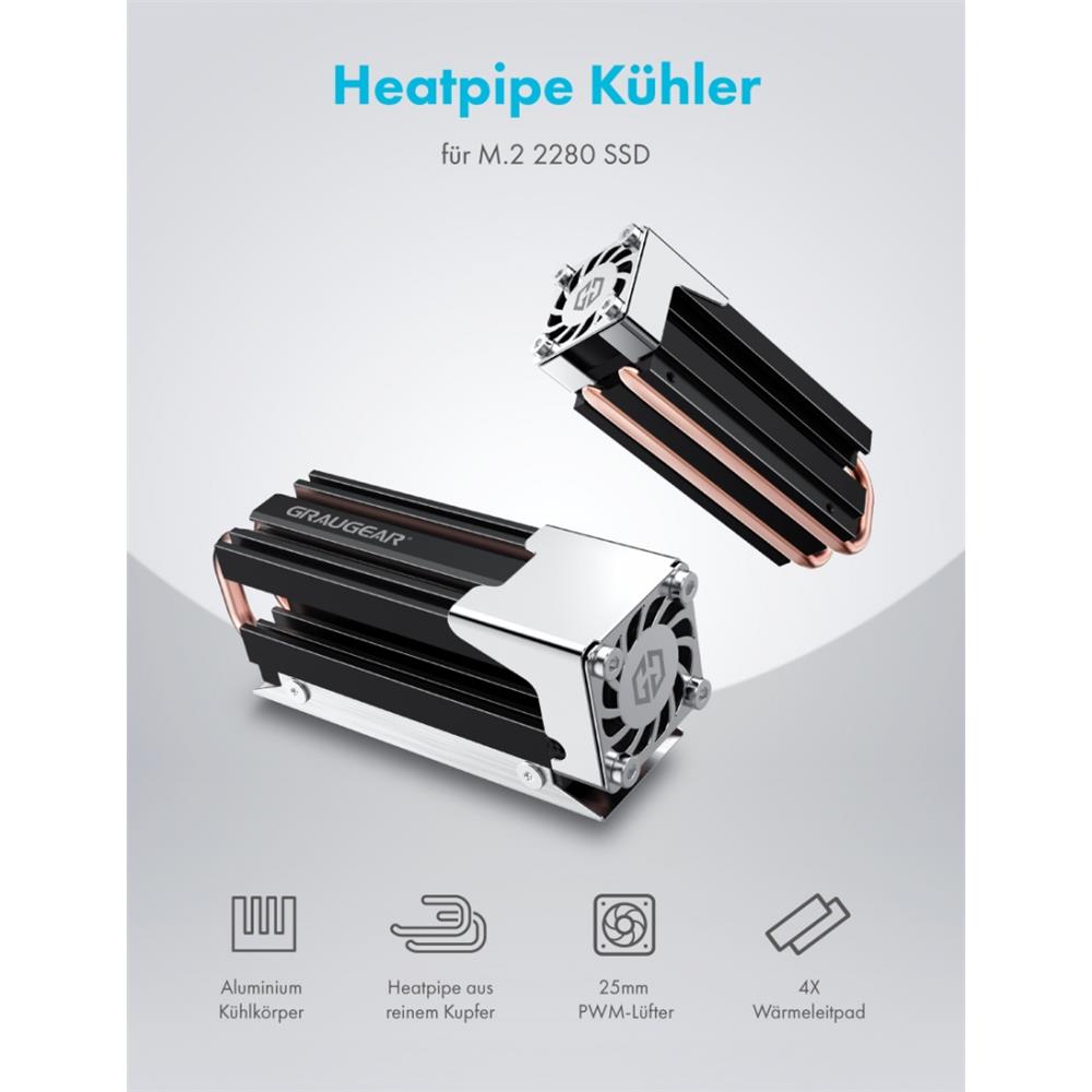 GRAUGEAR Heatpipe Kühler für M.2 NVMe 2280 SSD mit PWM Lüfter