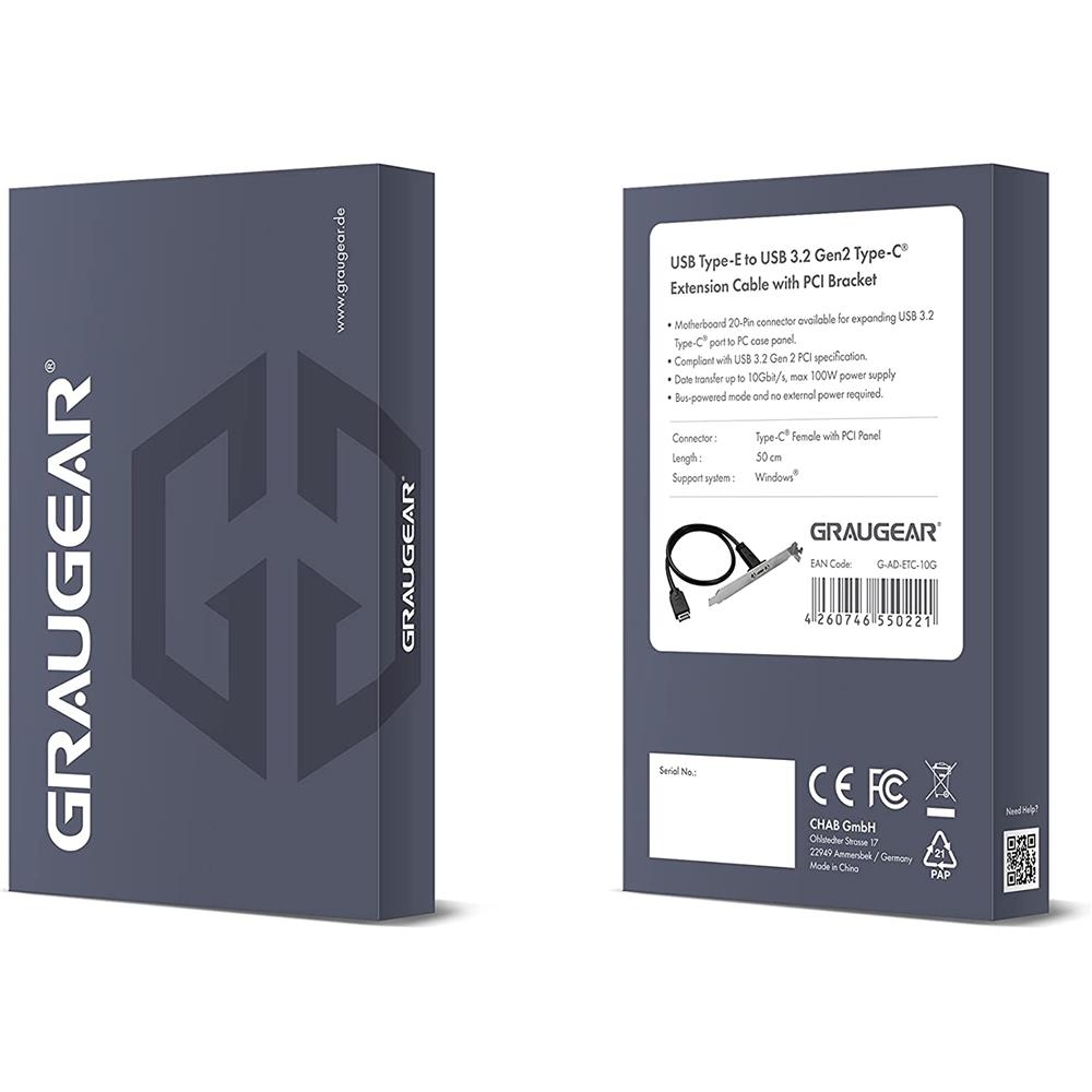 GRAUGEAR Type E auf USB 3.2 Gen2 Type C Verlängerung mit PCI Halterung
