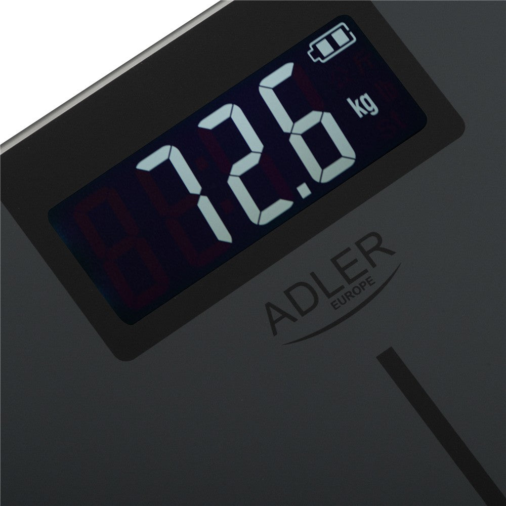 Adler AD 8194S Personenwaage Digital bis 180 kg, USB-C Akku Waage mit LCD Display, 100 g Genauigkeit, Glaswaage für Bad & Körpergewicht, dunkel Grau gestreift