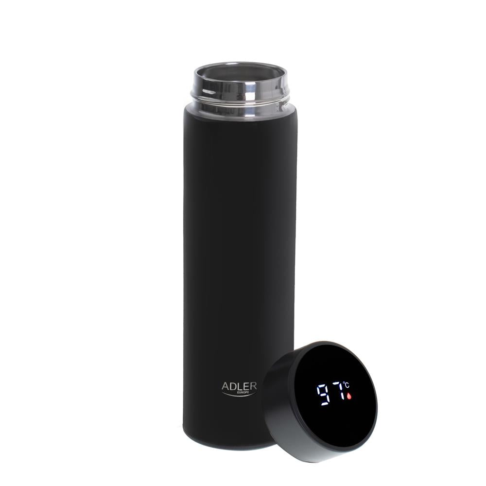 Adler Thermosflasche, 473ml, Schwarz, Trinkflasche mit LED-Temperaturanzeige