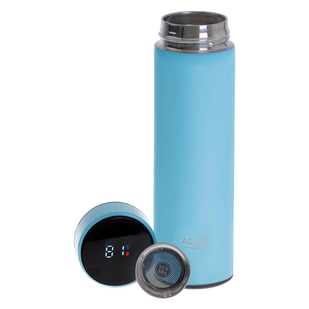 Adler Thermosflasche, 473ml, Blau, Trinkflasche mit LED-Temperaturanzeige