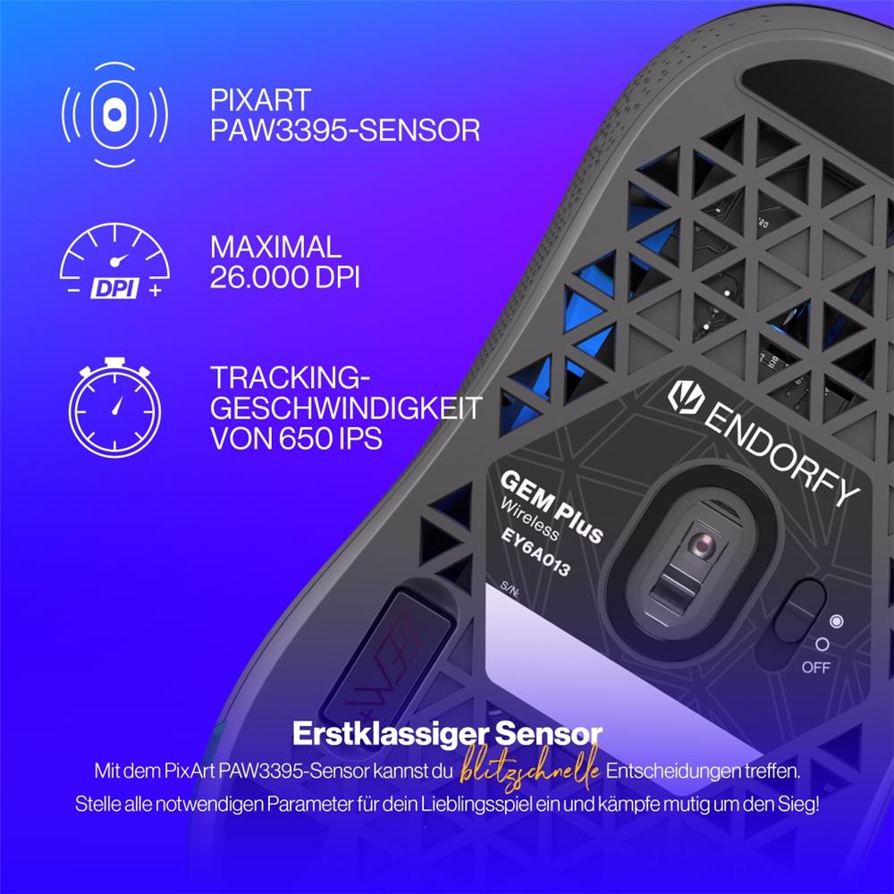 ENDORFY Gem Plus Wireless, Leichte kabellose Gaming-Maus (74 g), 26000 DPI, Schwarz | EY6A013