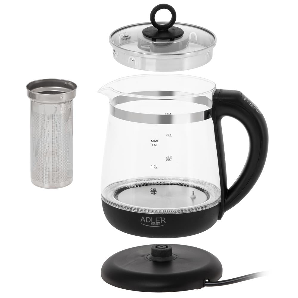 Adler AD 1299 Black Glas-Wasserkocher mit Temperaturregelung, Teesieb, LED-Beleuchtung, 1,5 L