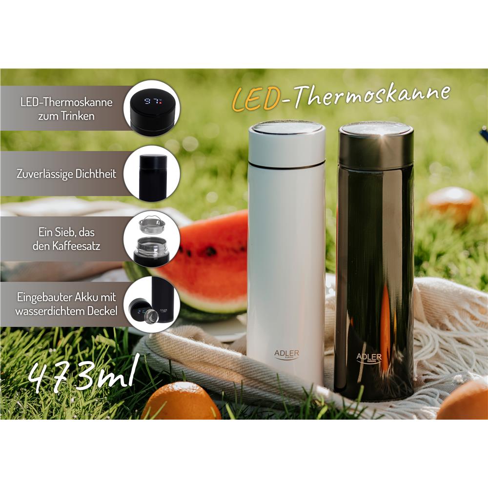 Adler Thermosflasche, 473ml, Schwarz, Trinkflasche mit LED-Temperaturanzeige