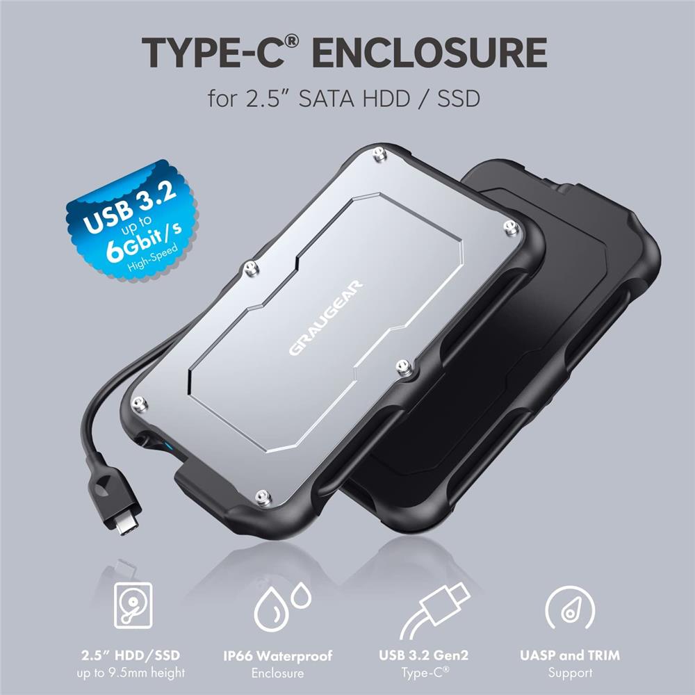 GRAUGEAR USB C Festplattengehäuse für 2,5 Zoll SATA SSD HDD stoßfest