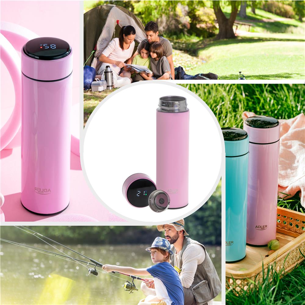 Adler Thermosflasche, 473ml, Rosa, Trinkflasche mit LED-Temperaturanzeige