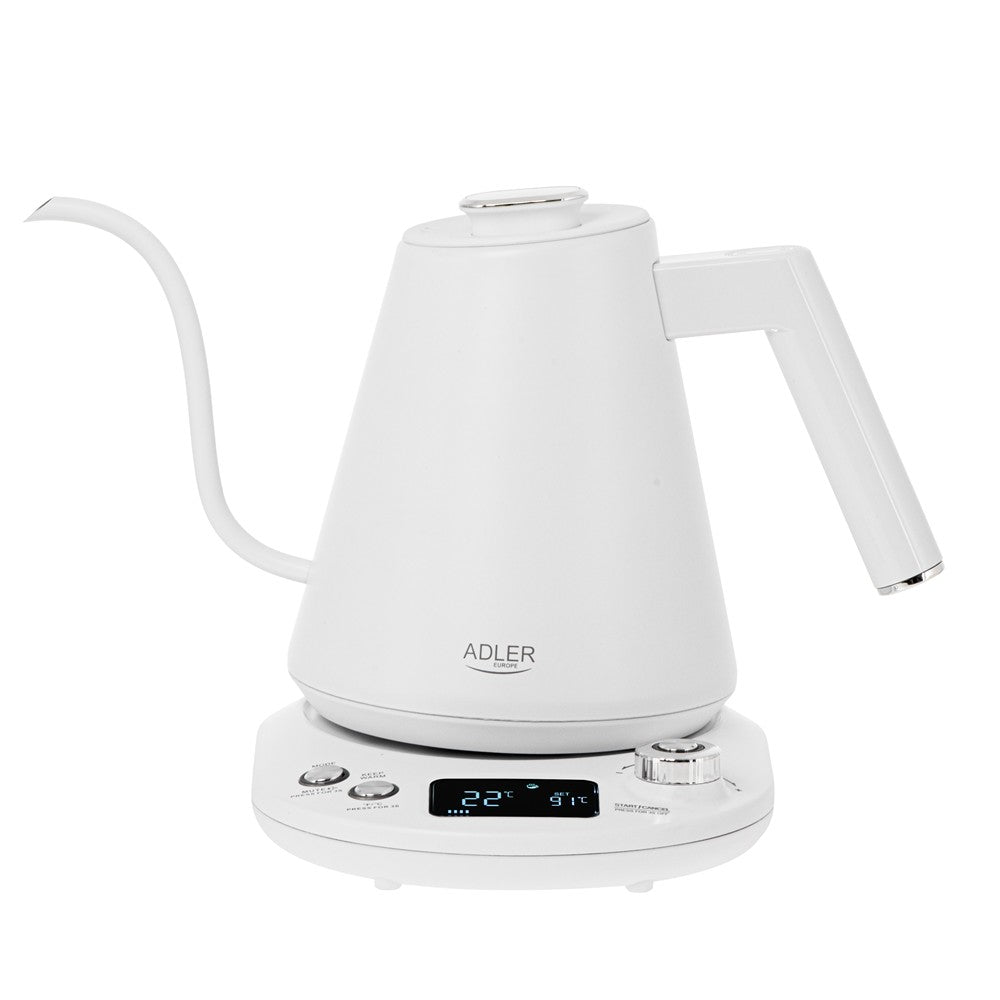 Adler AD 1349 Schwanenhals-Wasserkocher 1 L, elektrischer Schwanenhalskessel mit LED-Display, Temperaturregelung 40-100 °C, Warmhaltefunktion, 360° Basis, Weiß/Silber