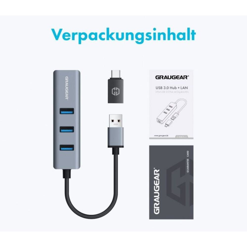 GRAUGEAR USB Hub mit 3 Ports und Gigabit LAN Aluminium