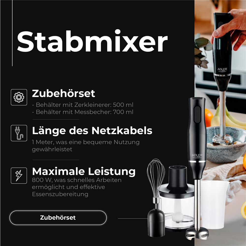 Adler AD 4620 Stabmixer Set – 800 W, 2 Geschwindigkeiten, Edelstahlaufsatz & Zubehör