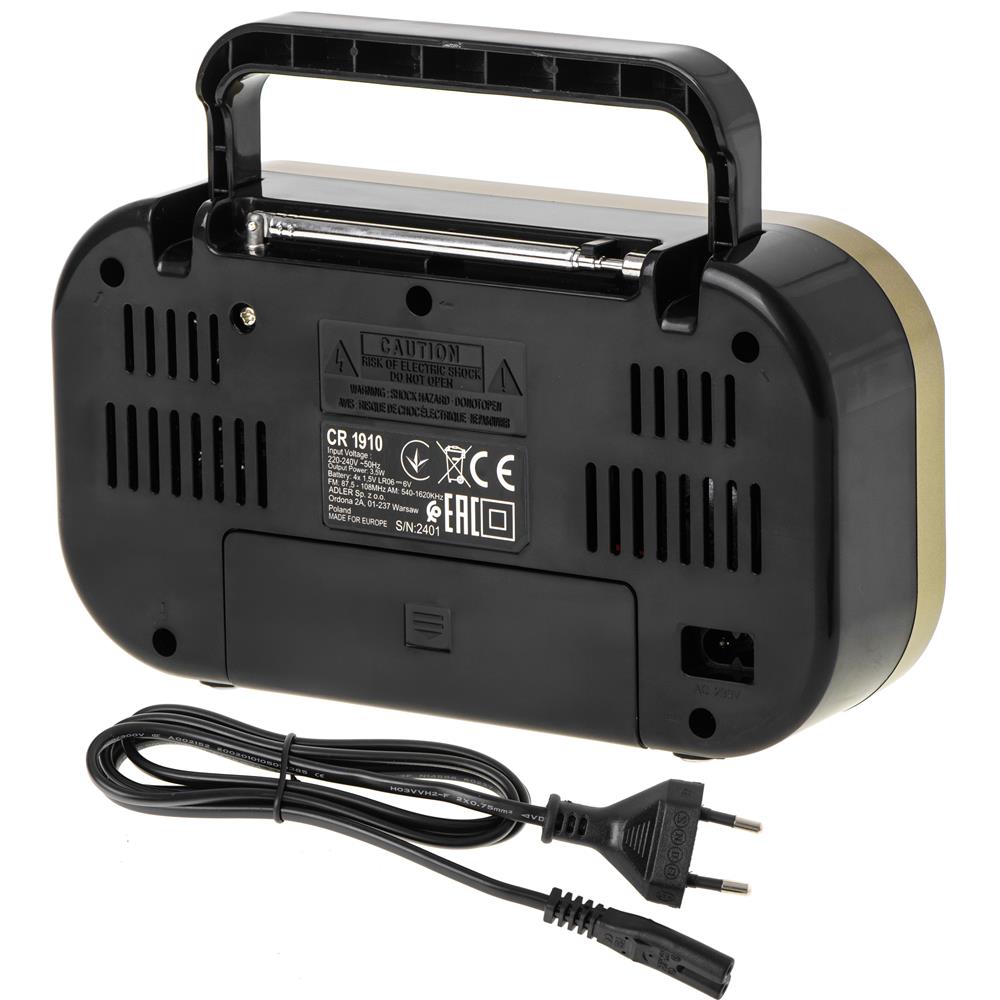 Camry CR 1910g tragbares Radio, FM/AM Kofferradio mit 2 W Lautsprecher, Netz- und Batteriebetrieb, 3,5 mm Kopfhöreranschluss, Teleskopantenne, schwarz/gold