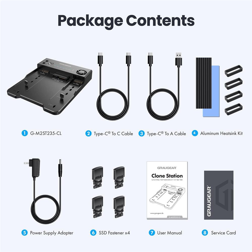 GRAUGEAR Bidirektionale Klonstation für M.2 SATA M2 NVMe SSDs und 2,5"/3,5" HDDs/SSDs Festplatten