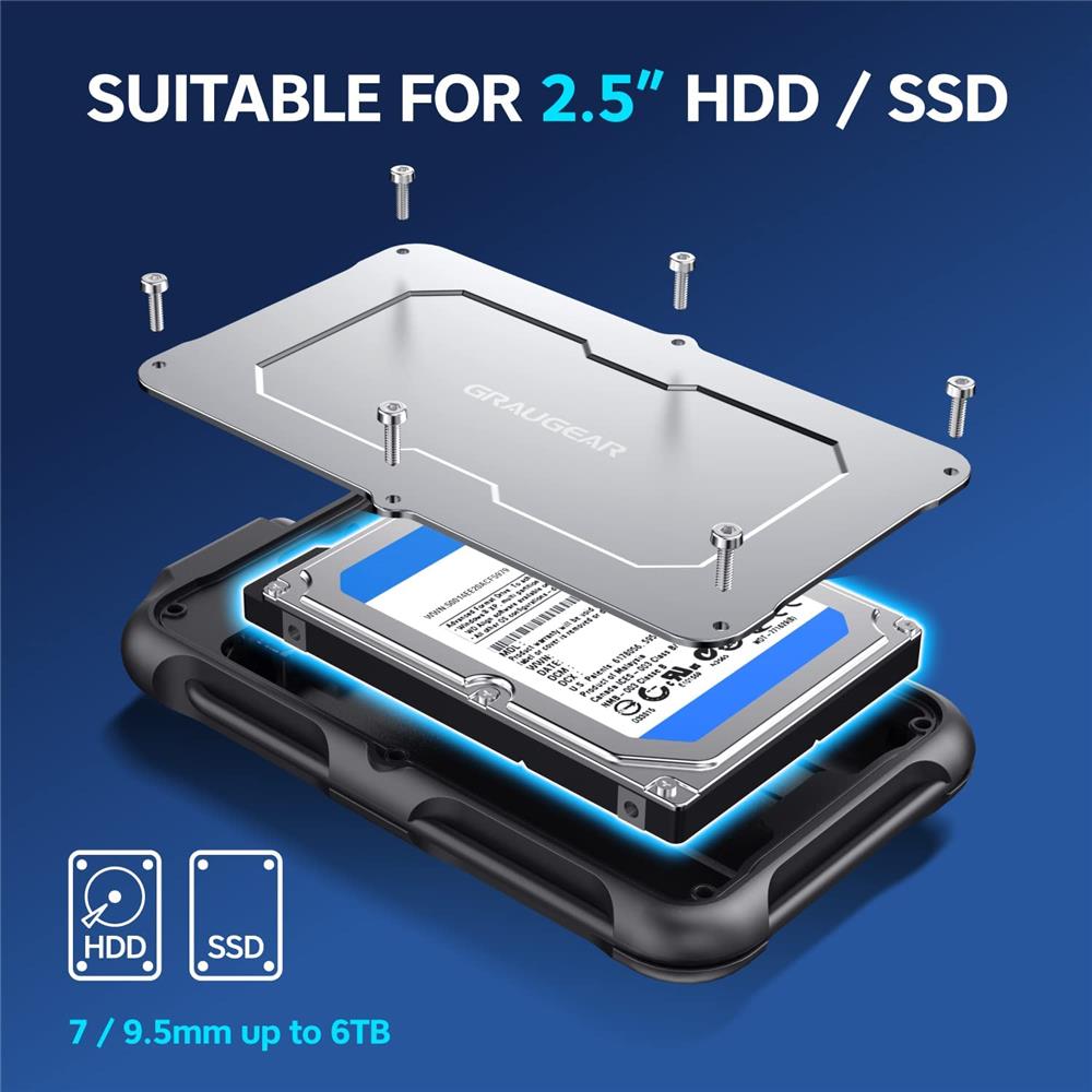 GRAUGEAR USB C Festplattengehäuse für 2,5 Zoll SATA SSD HDD stoßfest