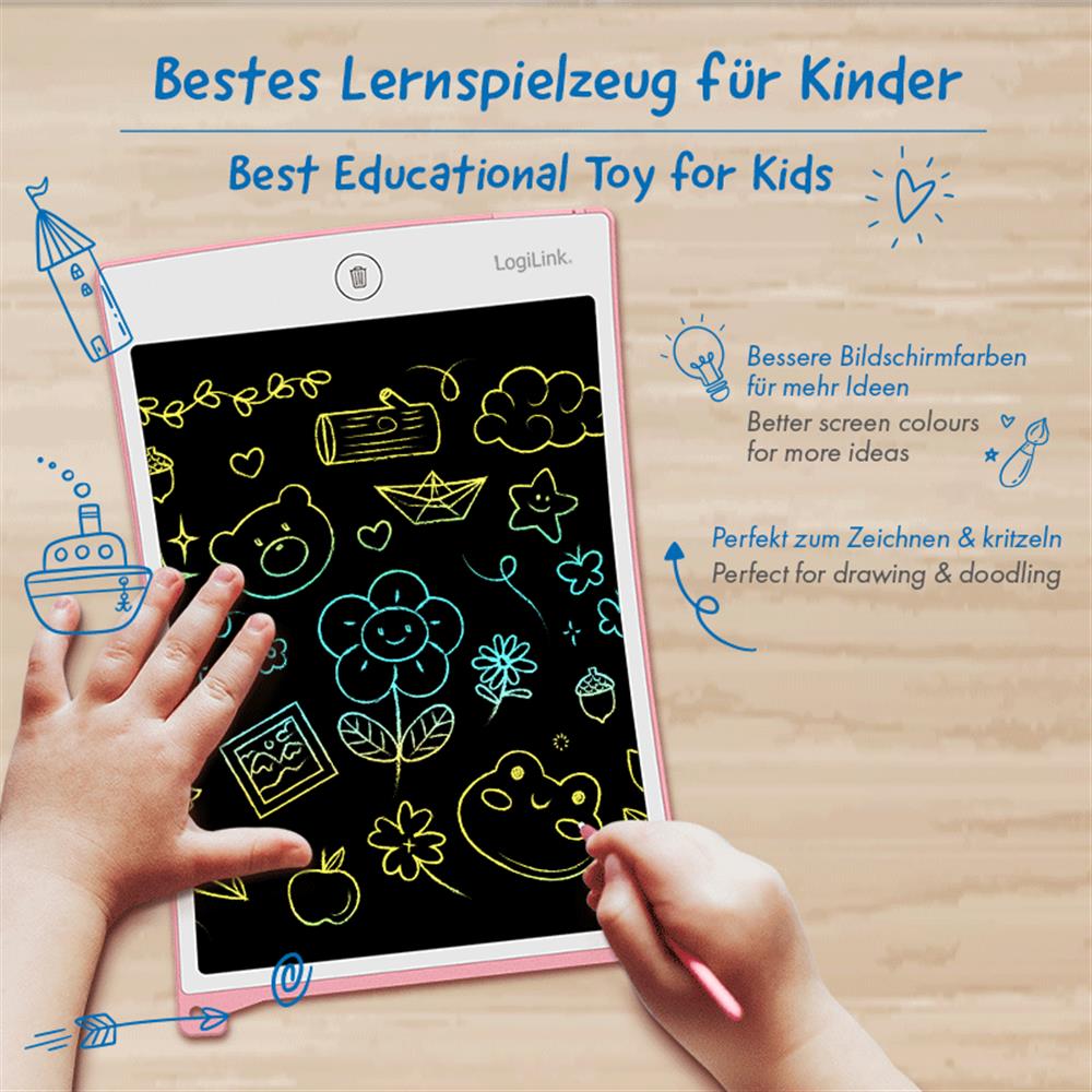 LogiLink LCD-Kinderschreibtafel 8,5" – Löschbar, augenschonend, pink, ideal für Kinder