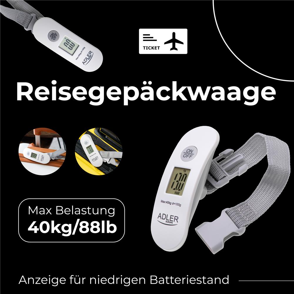 Adler AD 8189 Reisegepäckwaage 40kg weiß-grau – Kompakt & präzise