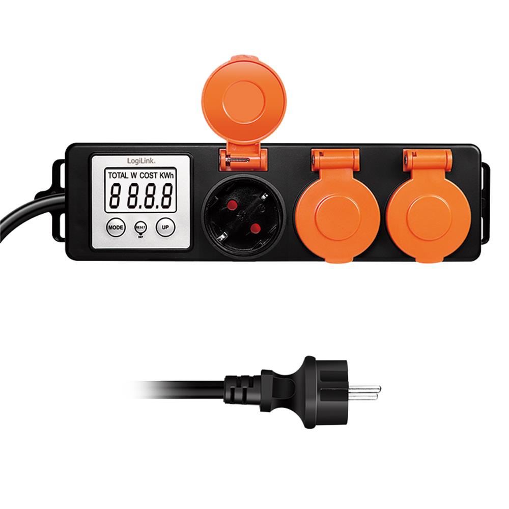 LogiLink 3-fach Außensteckdosenleiste mit Energiekostenmesser & IP44 – Stromverbrauch im Garten messen