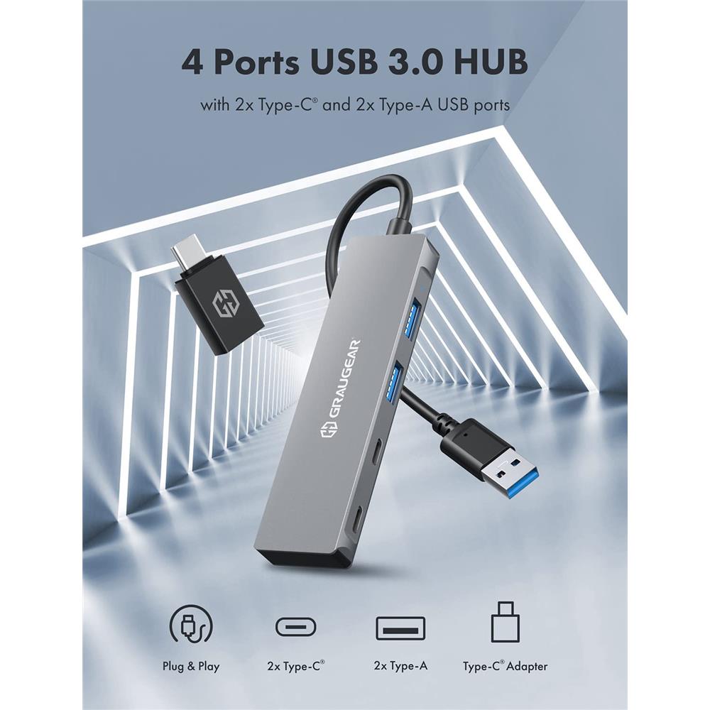 GRAUGEAR USB 3.0 Hub 4 Port 2x USB C 2x USB A Aluminium