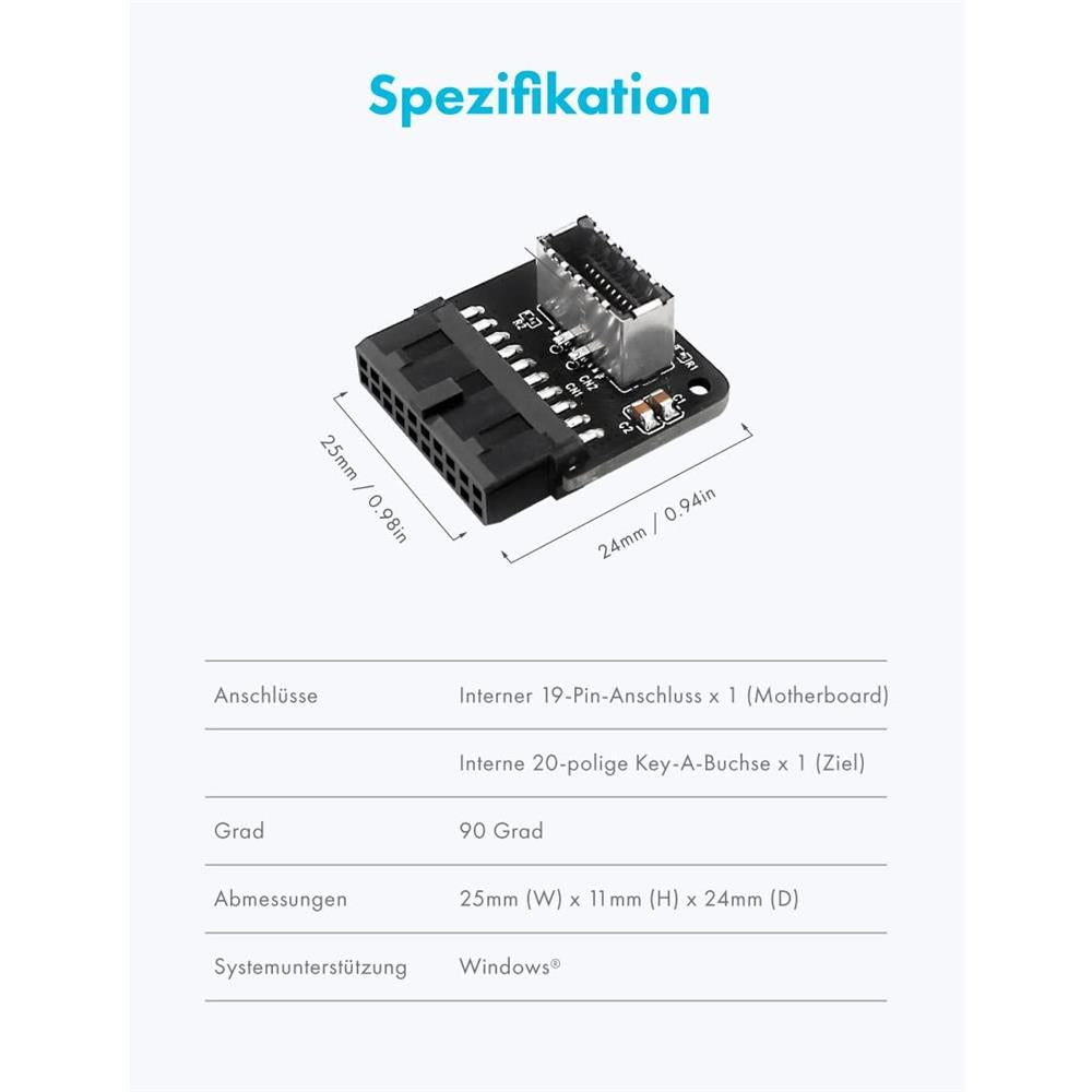 GRAUGEAR USB 3.0 Internal Header Adapter 19 Pin auf USB 3.1 Type E Key A gewinkelt