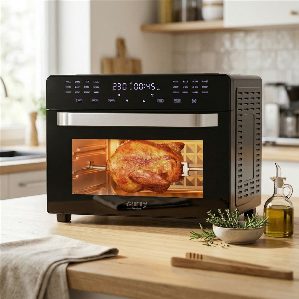Camry CR 6323 Multifunktions-Heißluftofen 30L, Air Fryer Backofen 10-in-1 mit Grill, Drehspieß, Umluft, 24 Programmen, Touchdisplay, 2200W schwarz