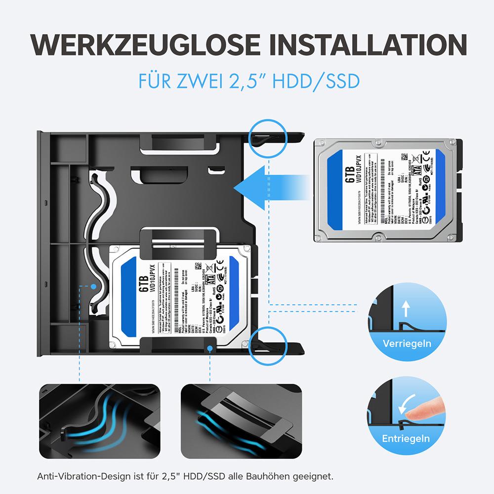 GRAUGEAR Einbaurahmen 5,25 Zoll für 2x 2,5 und 1x 3,5 Zoll HDD SSD