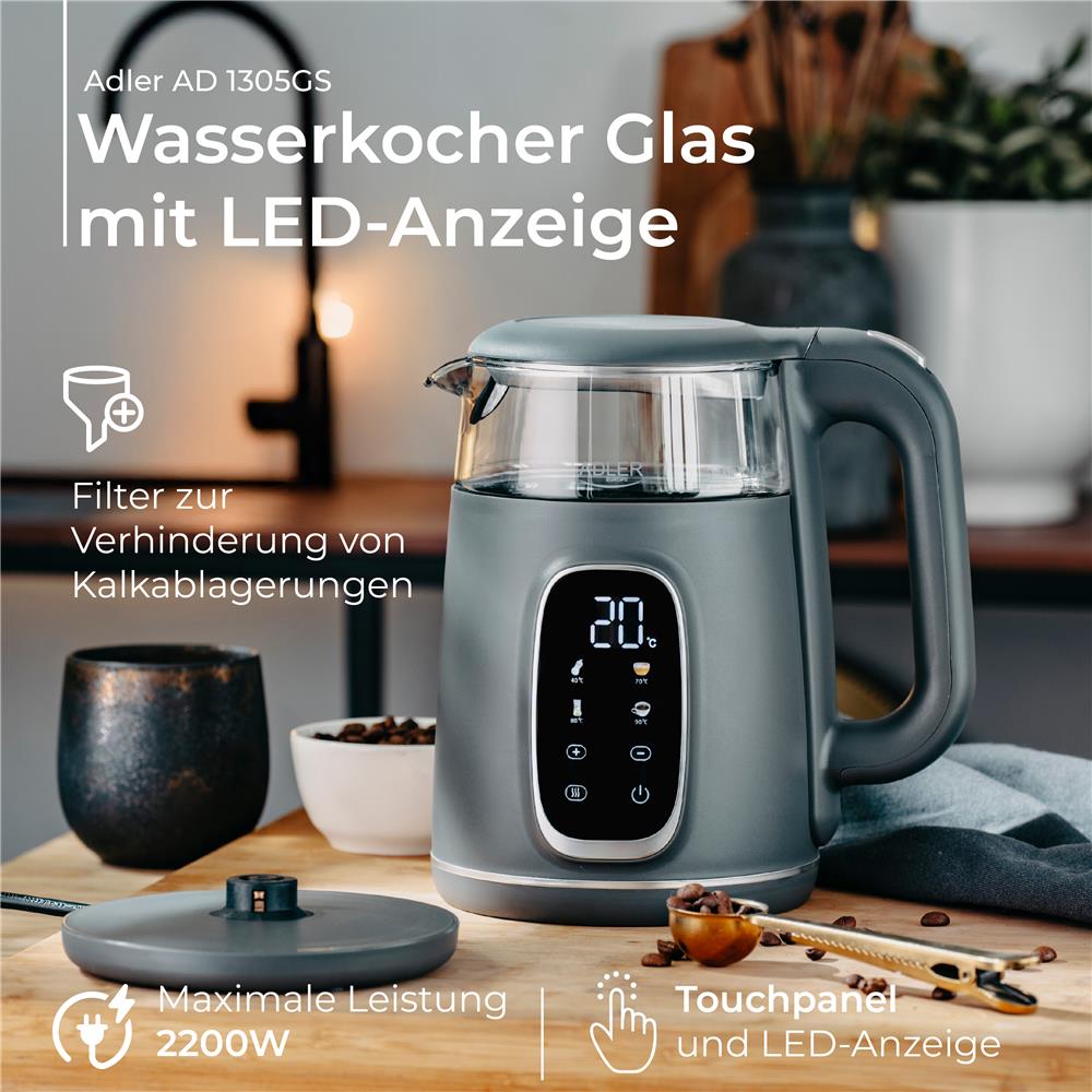 Adler AD 1305 Glas-Wasserkocher mit Temperaturregelung, LED-Anzeige, 1,7 L, 2200 W