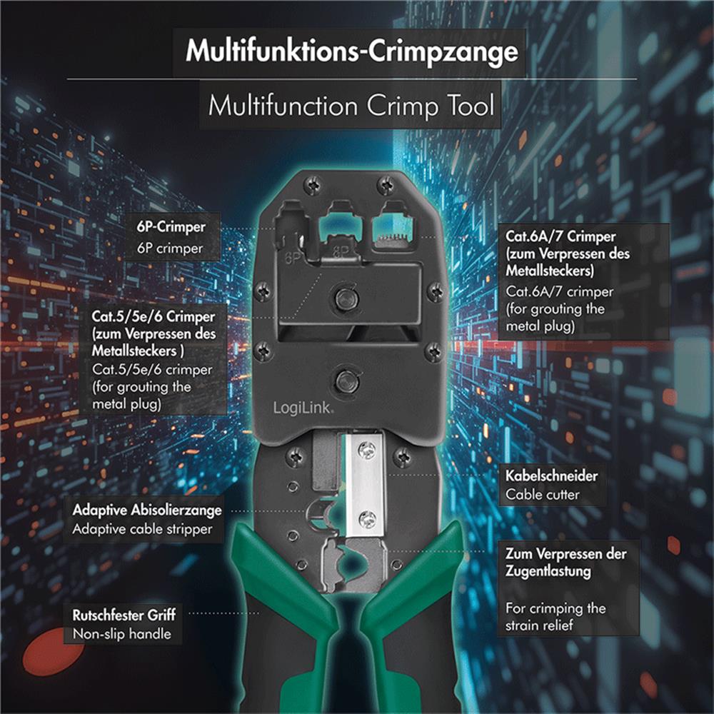 LogiLink 6-in-1 Multifunktions-Crimpzange für Telefon- & Netzwerkkabel RJ11/RJ12/RJ45