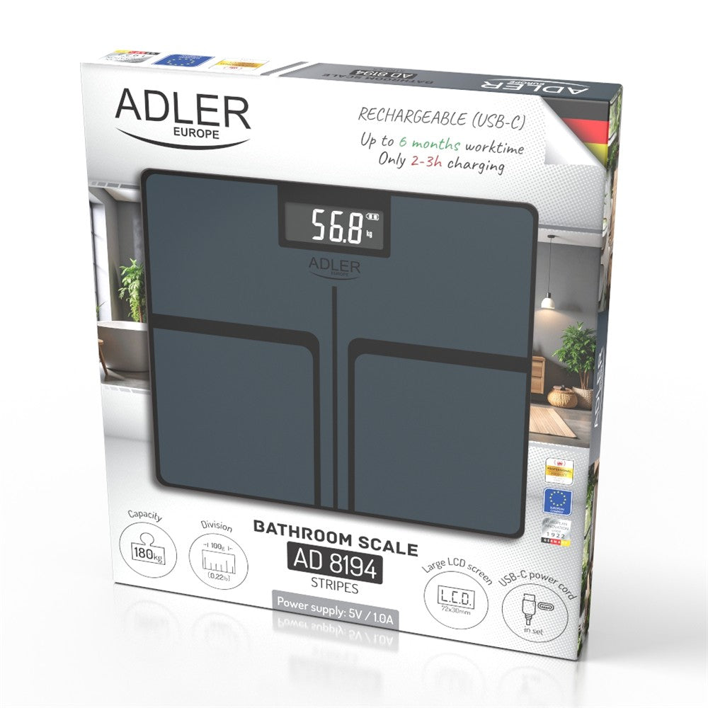 Adler AD 8194S Personenwaage Digital bis 180 kg, USB-C Akku Waage mit LCD Display, 100 g Genauigkeit, Glaswaage für Bad & Körpergewicht, dunkel Grau gestreift