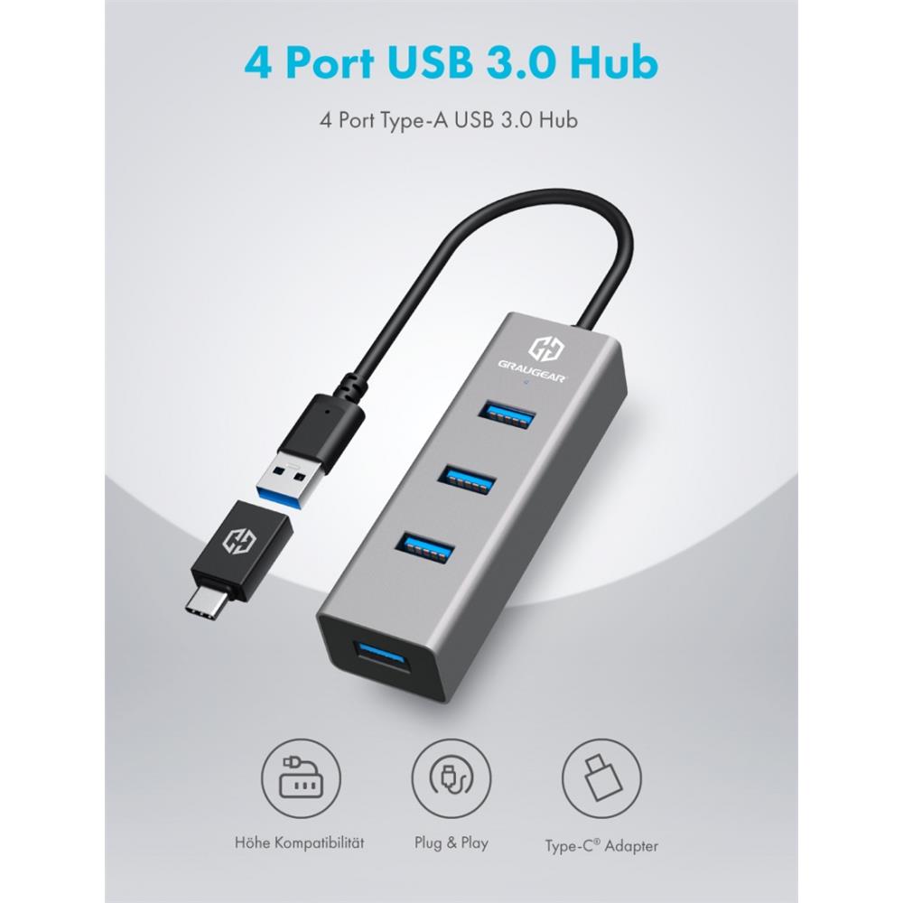 GRAUGEAR USB 3.0 Hub 4 Port Type A Aluminium