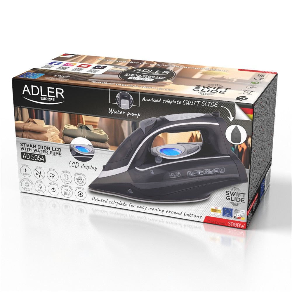 Adler AD 5054 Dampfbügeleisen, leistungsstarkes Bügeleisen mit Dampfstation-Feeling, LCD Display, Wasserpumpe, Dampfstoß, Anti-Tropf, Anti-Kalk, für Kleidung & Haushalt
