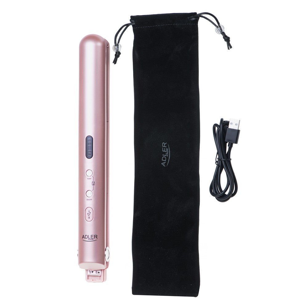 Adler AD 2327p Akku Glätteisen kabellos, USB-C Reise-Haarglätter mit Keramikplatten, LED-Display, 3 Temperaturstufen, Aufbewahrungsbeutel, Rosa