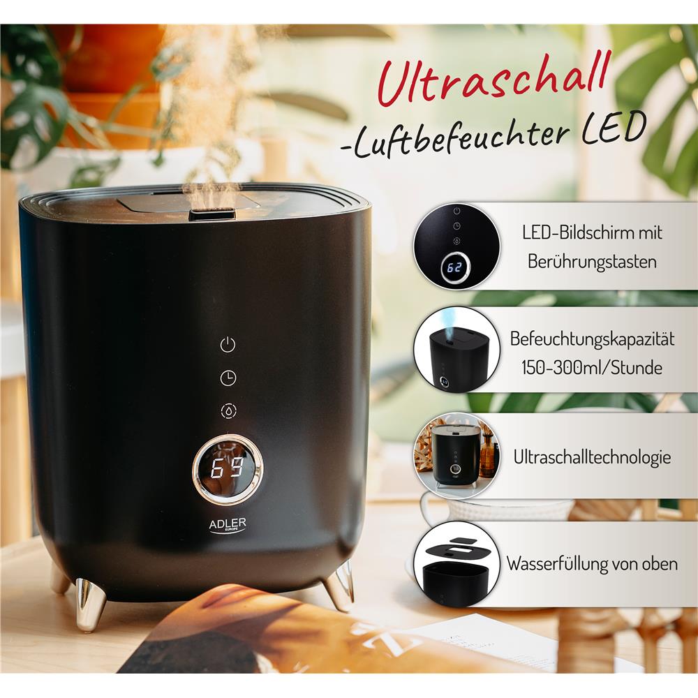 Adler AD 7972 Ultraschall Luftbefeuchter elektrisch Humidifier ultra leise schwarz