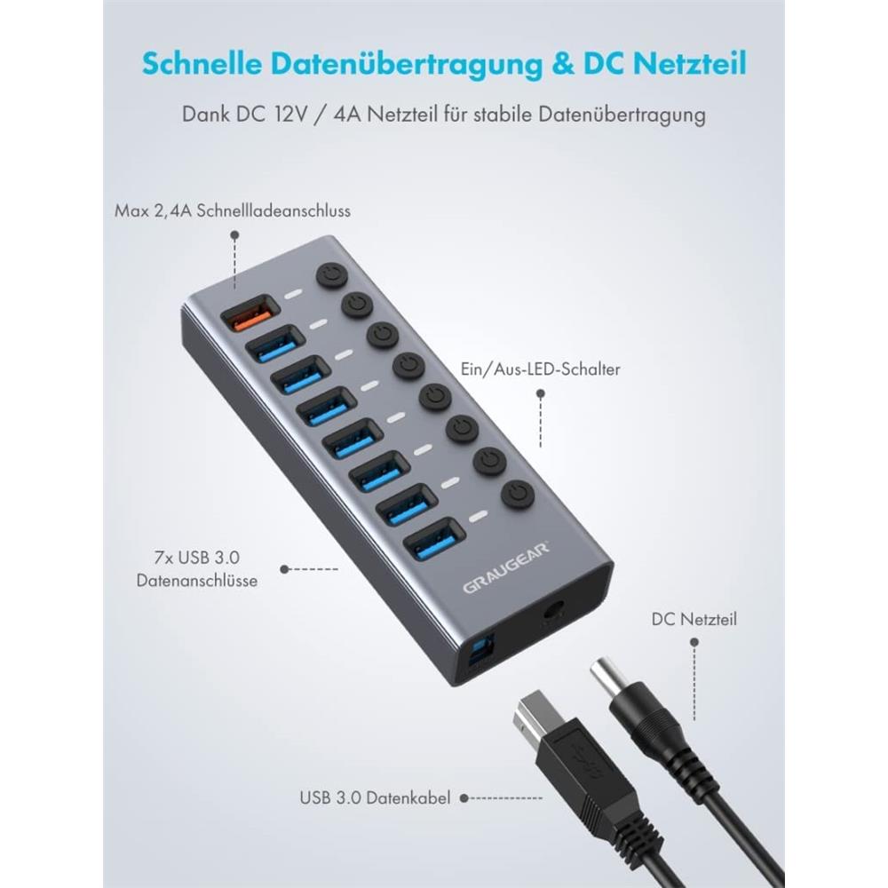 GRAUGEAR USB 3.0 Hub 7 Port mit Schnellladeanschluss