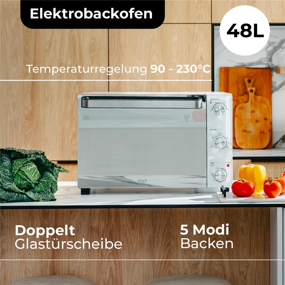 Adler AD 6027 Elektrobackofen 48 L mit Umluft Timer und Drehspieß Weiß