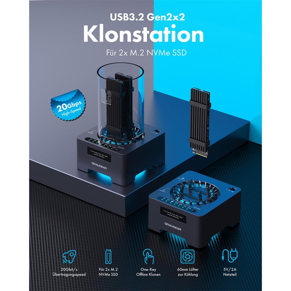 GRAUGEAR USB 3.2 Gen 2x2 NVMe Klonstation für 2 M.2 SSDs