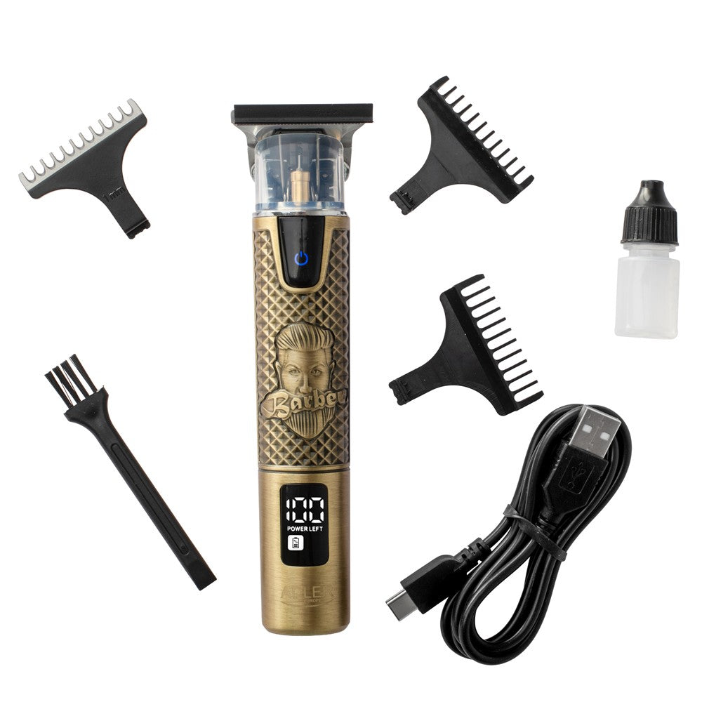 Adler AD 2970 Profi Barber Haarschneider Trimmer, Rasierapparat Konturenschneider für Bart, Nacken und Haarlinien, Keramikklinge, USB-C, Metallgehäuse Golden