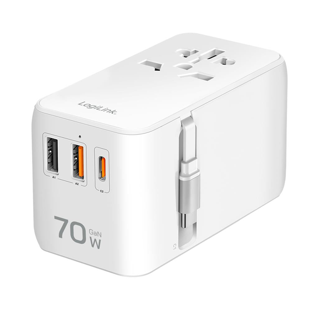 LogiLink Universal-Reisenetzteil 70W PD, 4 Anschlüsse + Kabel, Weiß