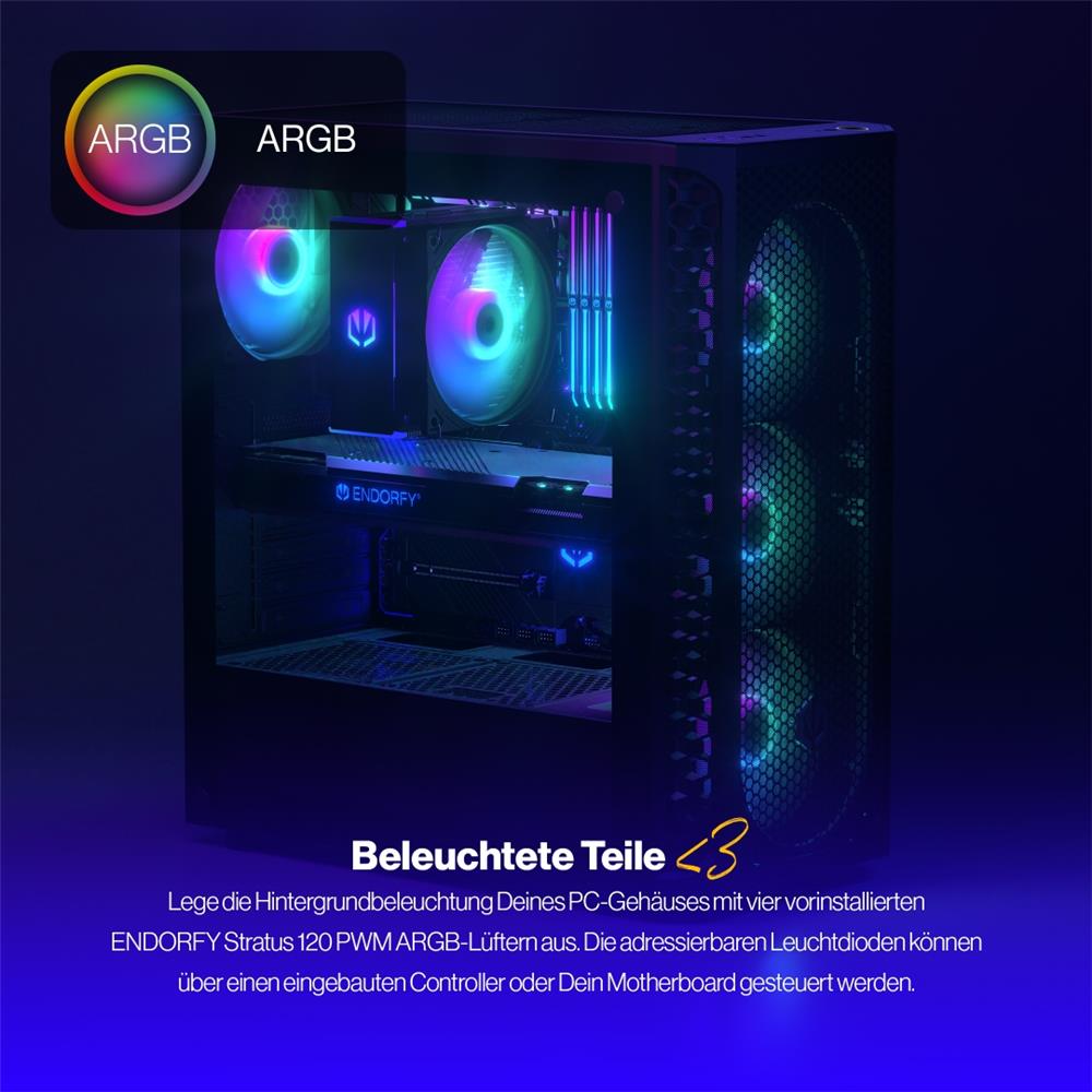 ENDORFY Signum 300 ARGB, ATX PC-Gehäuse, inkl. 4x 120mm ARGB PWM-Lüfter, Mesh-Frontplatte, Seitenteil aus gehärtetem Glas | EY2A006