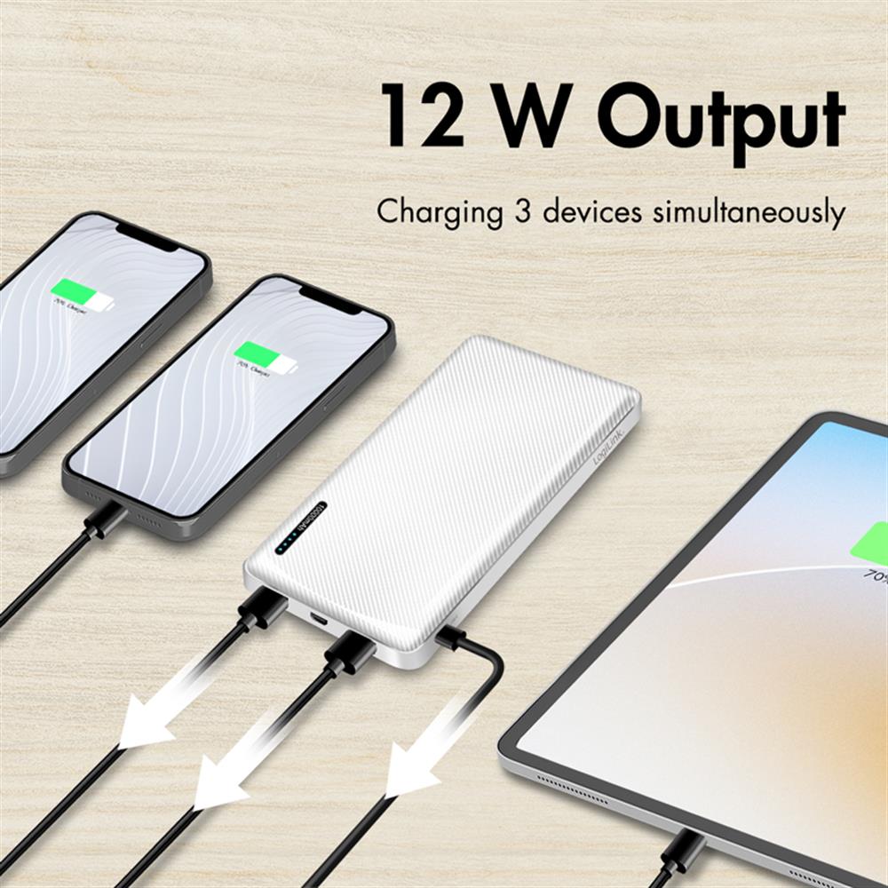 LogiLink Powerbank 10.000 mAh, 2× USB-A & 1× USB-C, Schnellladen, Weiß