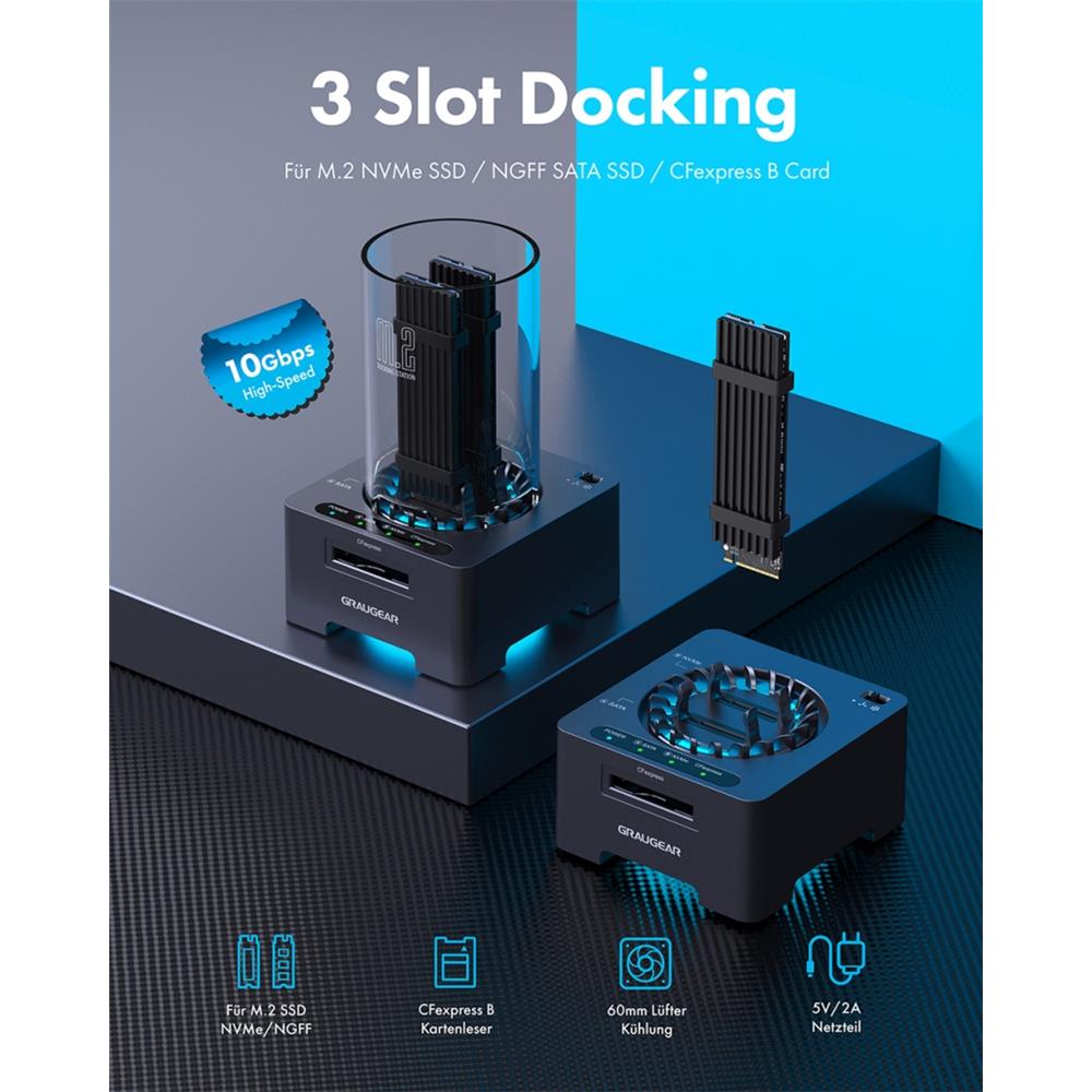 GRAUGEAR Dockingstation und Kartenleser für M.2 NVMe NGFF und CFexpress 10 Gbit/s