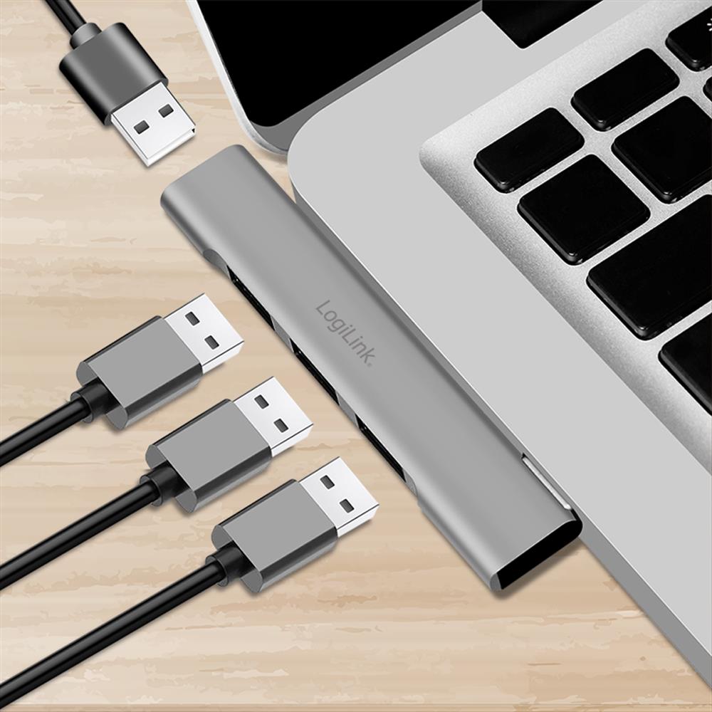 LogiLink Ultraslim 4-Port USB-A Hub, Aluminium, Silber