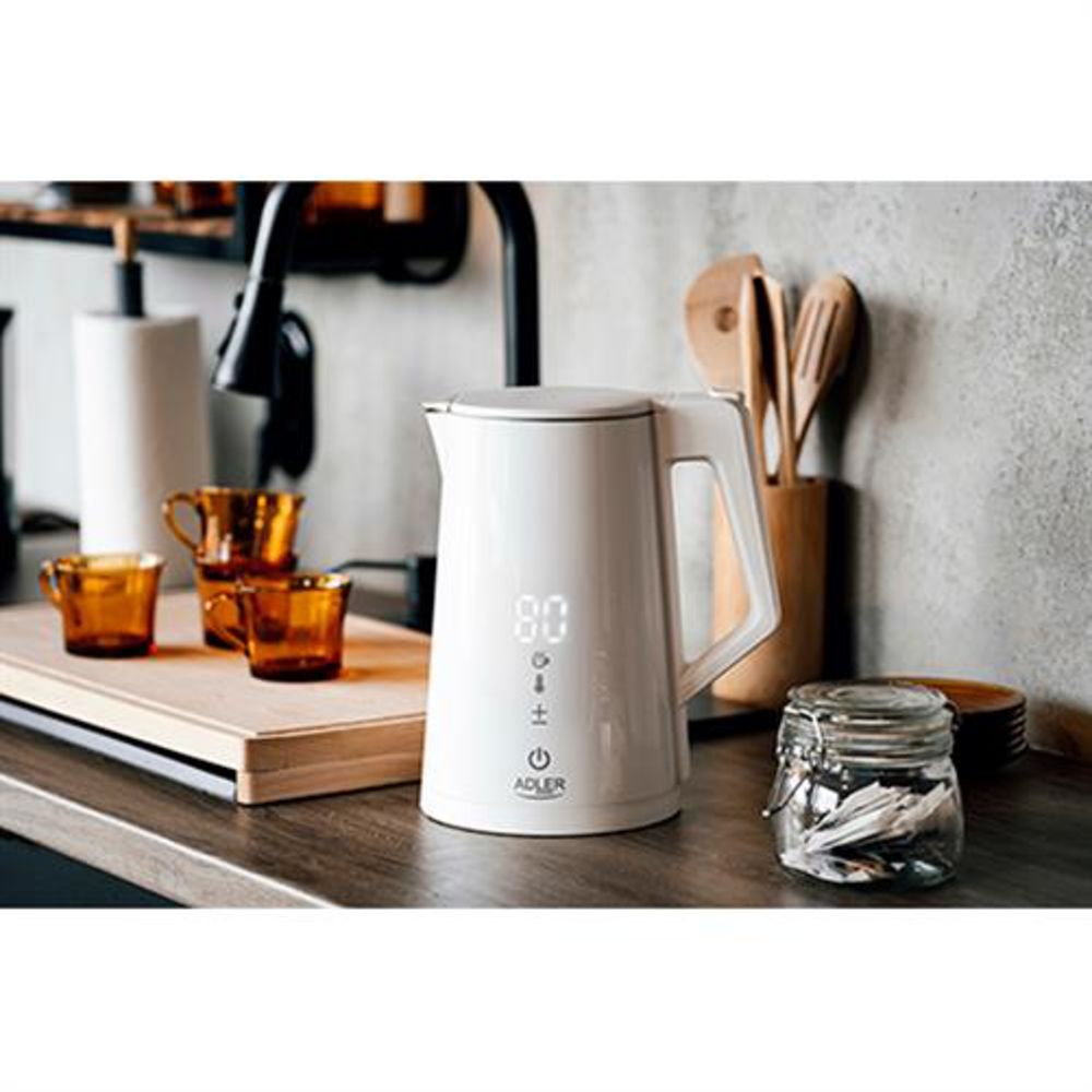 Adler AD 1345 Wasserkocher in Weiß, 1,7 Liter, 2200 Watt, aus Edelstahl mit Temperatureinstellung