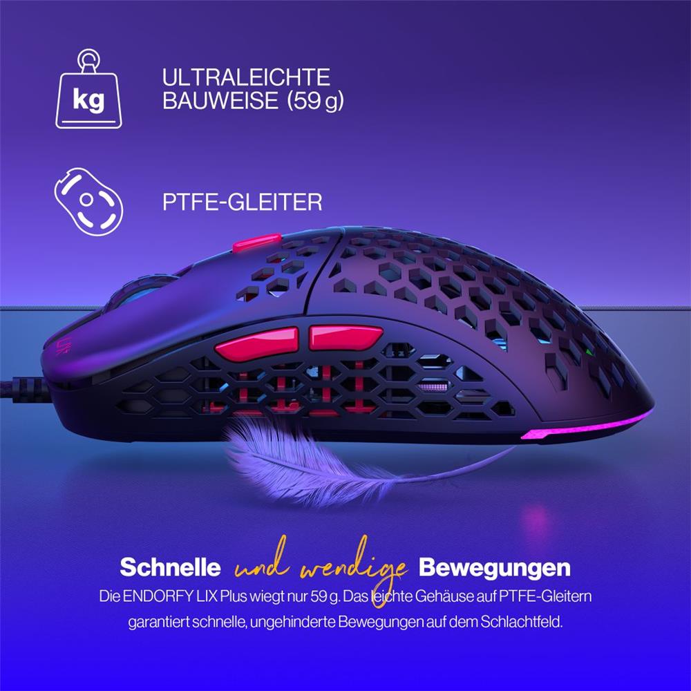 ENDORFY LIX Plus, Ultraleichte Gaming-Maus (59 g), 19000 DPI, Schwarz | EY6A001