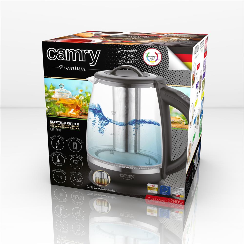 Camry CR 1290 Wasserkocher Glas 2 L beleuchtet 2200W Temperaturregler Teesieb