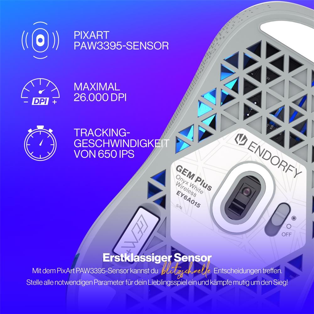 ENDORFY Gem Plus Wireless Gaming Maus kabellos 26000 DPI leicht 74 g Weiß