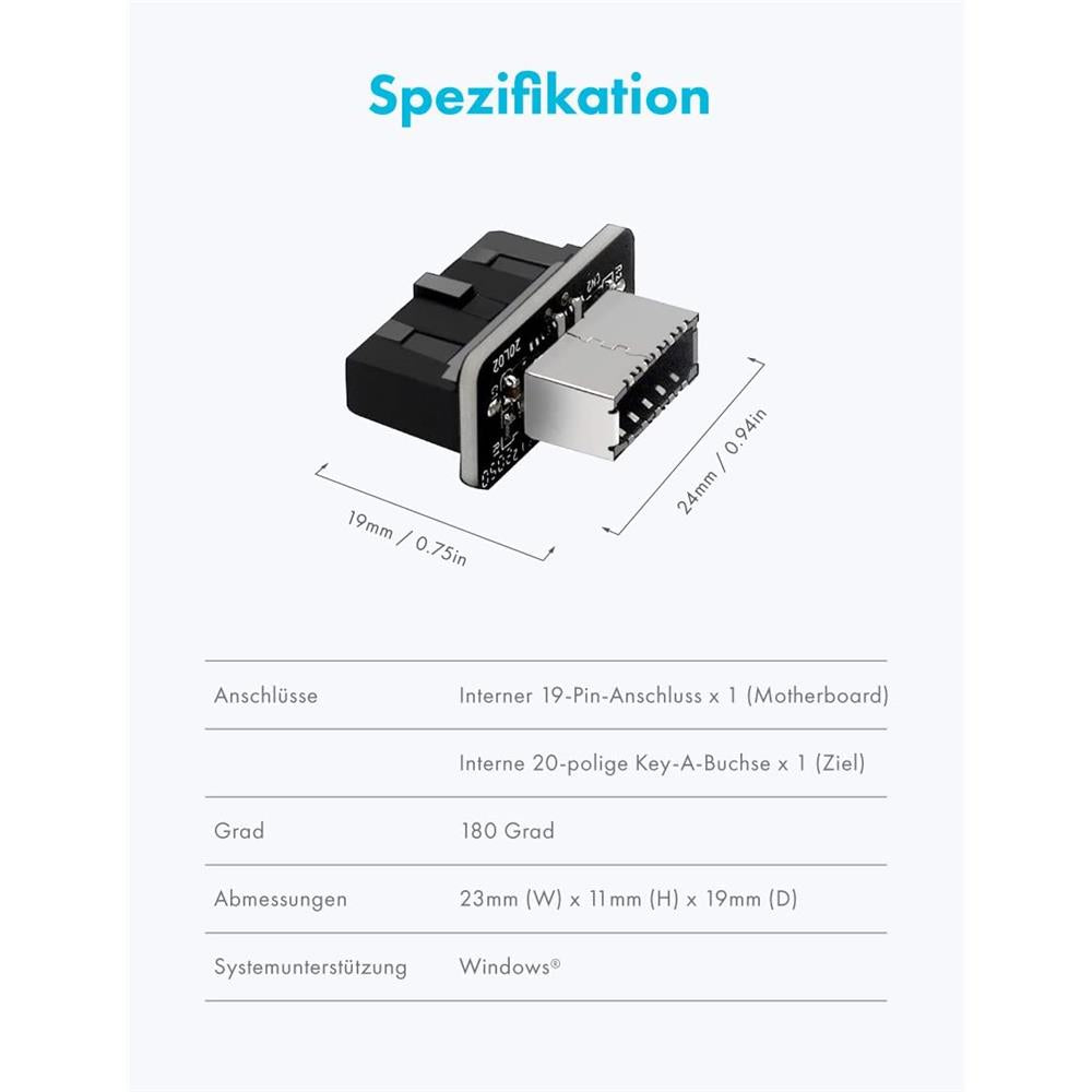 GRAUGEAR USB 3.0 Internal Header Adapter 19 Pin auf USB 3.1 Type E Key A gerade