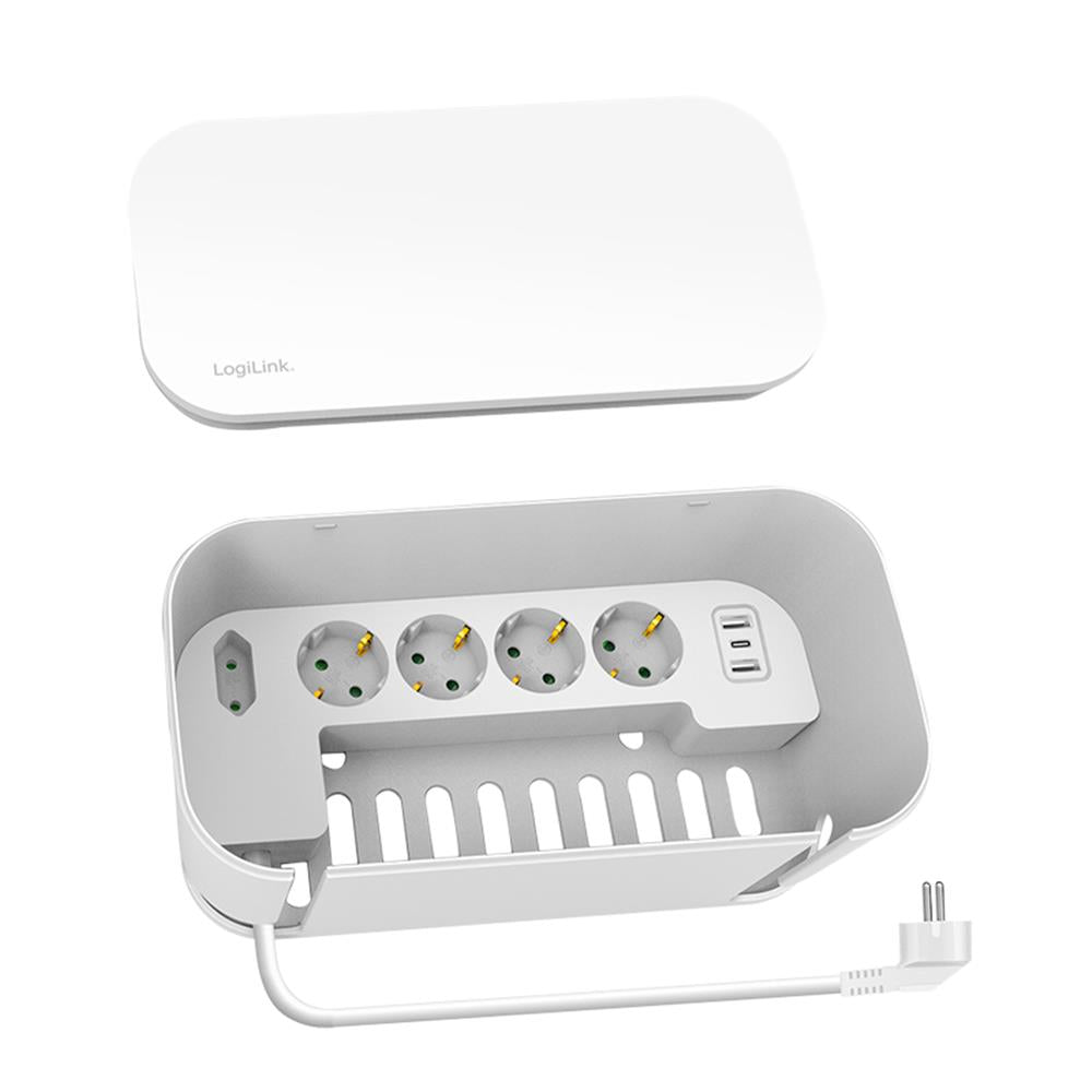 LogiLink Kabelbox mit 5 fach Steckdosenleiste und 3 USB Weiß