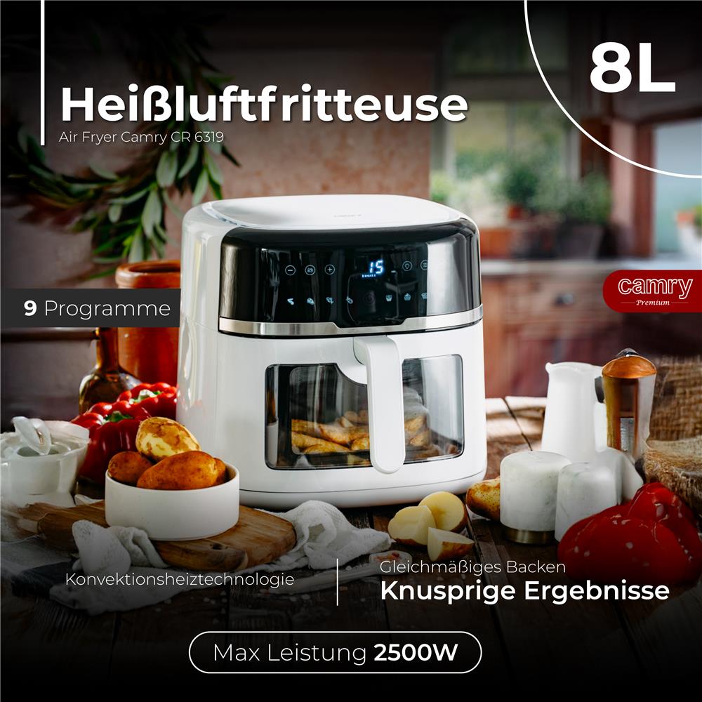 Camry CR 6319 Heißluftfritteuse 8L – XXL Air Fryer mit großem Fassungsvermögen, fettarme Zubereitung und modernes digitales Küchengerät